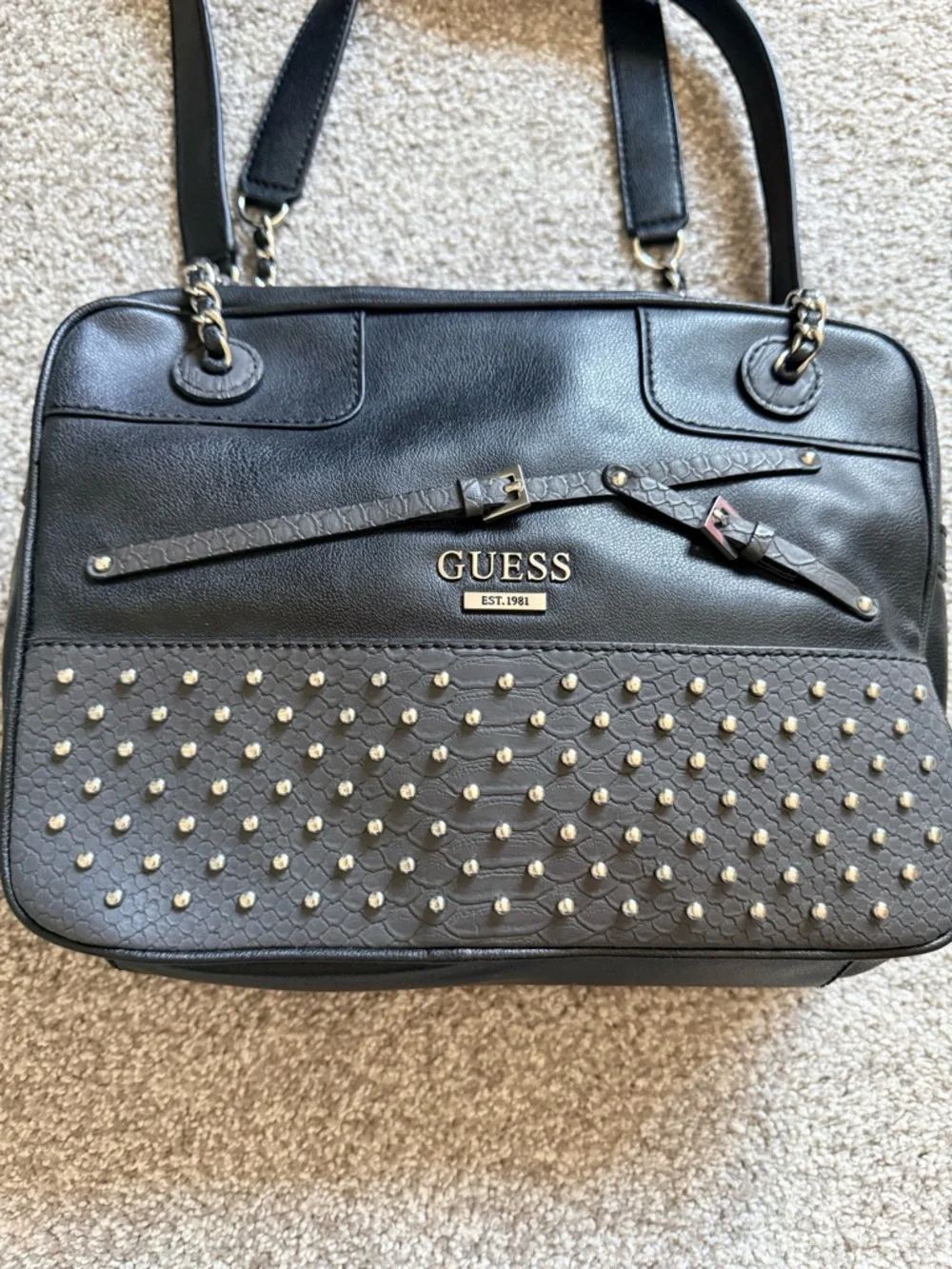 GUESS Disco Queen Black Studded Shoulder Bag with Chain Straps - Picture 2 of 12